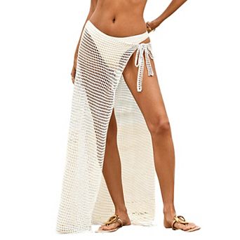 Women's Crochet Mesh Beach Sarong Skirt - Tie‑Side High Slit Sheer Cover‑Up Maxi Skirt