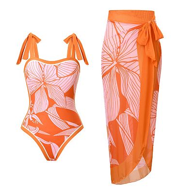 Floral Print Tie-Strap One-Piece Swimsuit with Wrap Skirt Cover-Up Set