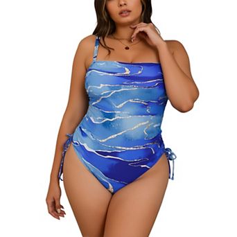 Women's Marble Swirl One‑Piece Swimsuit - Square Neck Drawstring Strap Tummy Control Swimwear