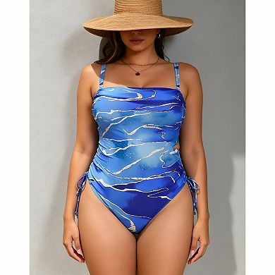 Women's Marble Swirl One‑Piece Swimsuit - Square Neck Drawstring Strap Tummy Control Swimwear