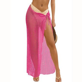 Women's Crochet Mesh Beach Sarong Skirt - Tie‑Side High Slit Sheer Cover‑Up Maxi Skirt