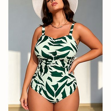 Women's Abstract Leaf One‑Piece Swimsuit - Sweetheart Neck Ruched Adjustable Strap Swimwear