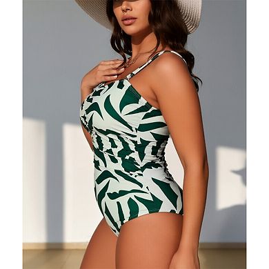 Women's Abstract Leaf One‑Piece Swimsuit - Sweetheart Neck Ruched Adjustable Strap Swimwear