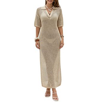 Women's Collared Open Knit Cover‑Up Dress - V Neck Short Sleeve Side Slit Mesh Maxi Beach Dress