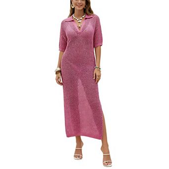 Women's Collared Open Knit Cover‑Up Dress - V Neck Short Sleeve Side Slit Mesh Maxi Beach Dress