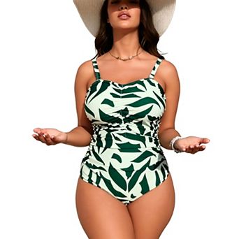 Women's Abstract Leaf One‑Piece Swimsuit - Sweetheart Neck Ruched Strap Tummy Control Swimwear