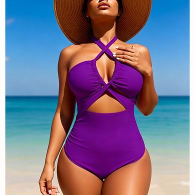 Women's Halter Cross Cutout One‑Piece Swimsuit - Front Cutout Back Tie Tummy Control Swimwear
