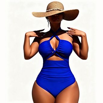 Women's Halter Cross Cutout One‑Piece Swimsuit - Front Cutout Back Tie Tummy Control Swimwear