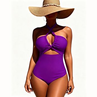 Women's Halter Cross Cutout One‑Piece Swimsuit - Front Cutout Back Tie Tummy Control Swimwear