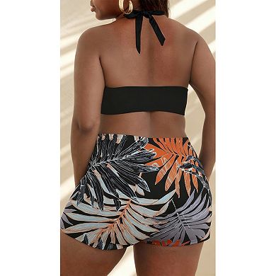 Women's Halter Cutout Two-Piece Swimwear Tropical Print Skirted Bathing Suit
