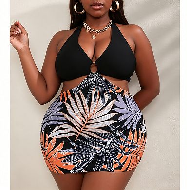 Women's Halter Cutout Two-Piece Swimwear Tropical Print Skirted Bathing Suit