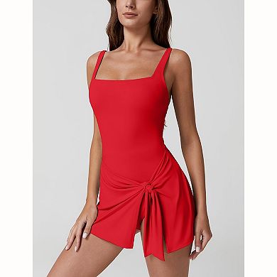 Women's Square Neck Skirted One‑Piece Swimsuit - Adjustable Strap Front Knot High Slit Swimwear
