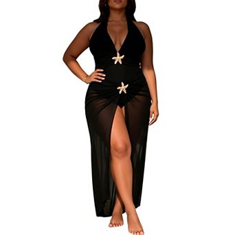 Women's Halter One-Piece Swimsuit with Mesh Cover Up Maxi Dress Starfish Accent