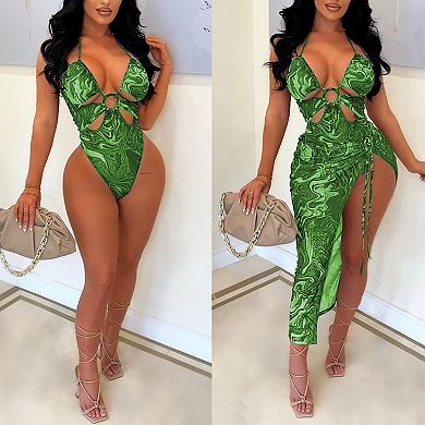 Women's Printed Halter Cutout One-Piece Swimsuit with Drawstring Cover Up Skirt