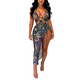 Women's Printed Halter Cutout One-Piece Swimsuit with Drawstring Cover Up Skirt