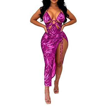 Women's Printed Halter Cutout One-Piece Swimsuit with Drawstring Cover Up Skirt