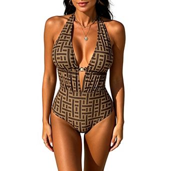Women's Halter Deep V Neck One-Piece Swimsuit Geometric Print with Cutout
