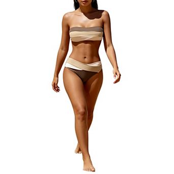 Women's Color Block Bandeau Bikini Set Mid-Rise Two-Piece Swimsuit