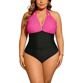 Women's Color Block Halter One-Piece Swimsuit Ruched Tummy Control