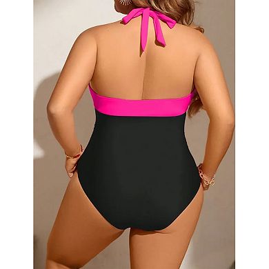 Women's Color Block Halter One-Piece Swimsuit Ruched Tummy Control