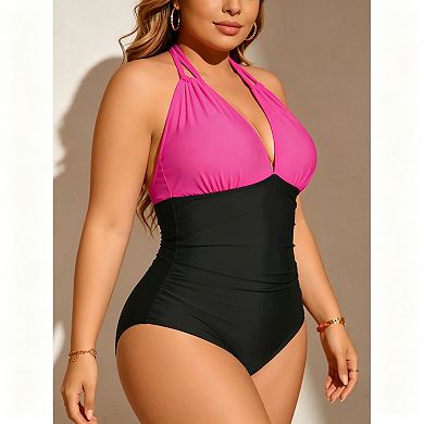 Women's Color Block Halter One-Piece Swimsuit Ruched Tummy Control