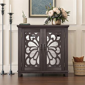 Sideboard Buffet Storage,2 Acrylic Mirrored Doors,Hollow-Carved Accent Cabinet,MDF, Adjustable Shelf