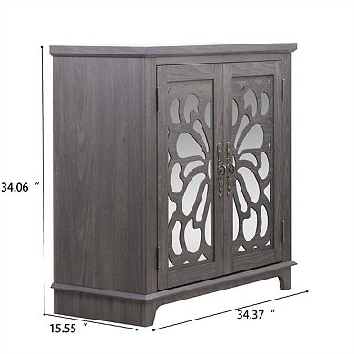 Sideboard Buffet Storage,2 Acrylic Mirrored Doors,Hollow-Carved Accent Cabinet,MDF, Adjustable Shelf
