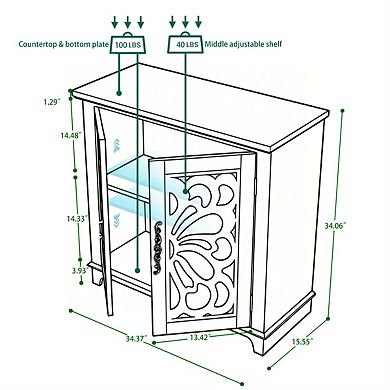 Sideboard Buffet Storage,2 Acrylic Mirrored Doors,Hollow-Carved Accent Cabinet,MDF, Adjustable Shelf