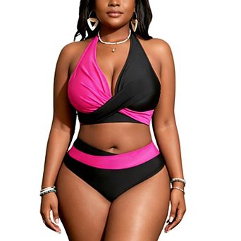 Women's Cross Wrap Halter Bikini Set Color Block High Waist Two-Piece Swimsuit