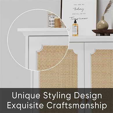 Sideboard Buffet - Rattan Decorated Doors, Buffet Storage, Cupboard Console Table, Kitchen Cabinet