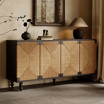 Sideboard Buffet Cabinet Storage - Accent Natural, Wood TV Stand,Wire-Brushed,Seagrass Doors,Hallway
