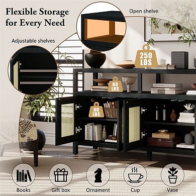Rattan Buffet Storage Sideboard, Wood Frame, 3-Position Adjustable Shelves, No-Handle Push-to-Open