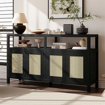 Rattan Buffet Storage Sideboard, Wood Frame, 3-Position Adjustable Shelves, No-Handle Push-to-Open