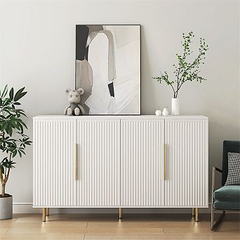Rattan Buffet Storage Sideboard, Wood Frame, 3-Position Adjustable Shelves, No-Handle Push-to-Open