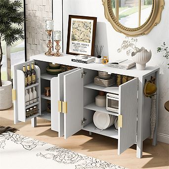 Stripe Sideboard, 57.5" 4-Door Storage Cabinet with Back-of-Racks & Side Hooks, Adjustable Shelves