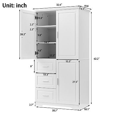 Lufeiya Tall Storage Cabinet with Adjustable Shelves and Three Drawers, Doors