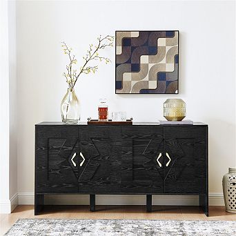 Sideboard Buffet Cabinet -60" TV Console,Storage Cabinet with Geometric Pattern & Adjustable Shelves