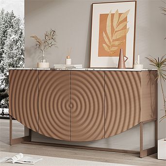 3D Wave Texture Buffet Sideboard - Marble-Like Sticker Countertop, Multifunctional Storage Cabinet