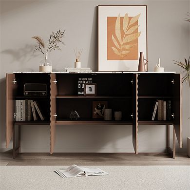 3D Wave Texture Buffet Sideboard - Marble-Like Sticker Countertop, Multifunctional Storage Cabinet