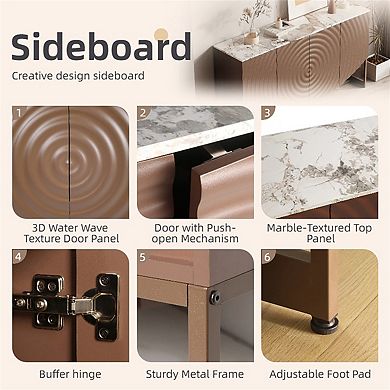 3D Wave Texture Buffet Sideboard - Marble-Like Sticker Countertop, Multifunctional Storage Cabinet