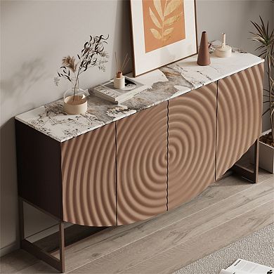 3D Wave Texture Buffet Sideboard - Marble-Like Sticker Countertop, Multifunctional Storage Cabinet