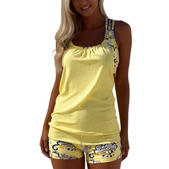 Women's Two-Piece Ribbed Tankini Swimsuit Floral Print Racerback with Boyshort Bottom