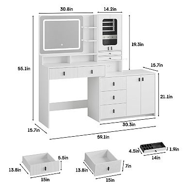 59" Large Vanity Desk Table with Lighted Mirror & Jewelry Cabinet, Drawers & Charging Station