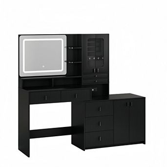 59" Large Vanity Desk Table with Lighted Mirror & Jewelry Cabinet, Drawers & Charging Station
