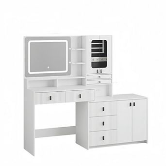 59" Large Vanity Desk Table with Lighted Mirror & Jewelry Cabinet, Drawers & Charging Station