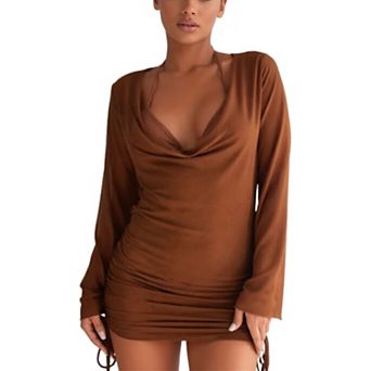 Women's 3 pc Bikini Swimsuit with Long Sleeve Sheer Mesh Cover Up Dress