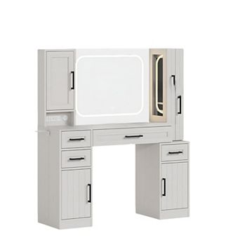 Makeup Vanity with Lighted Mirror & Power Strip, Large Vanity Desk with Sliding Jewelry Storage