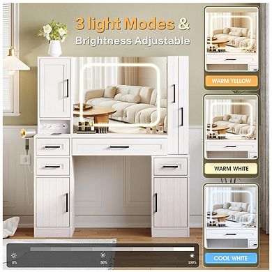 Makeup Vanity with Lighted Mirror & Power Strip, Large Vanity Desk with Sliding Jewelry Storage
