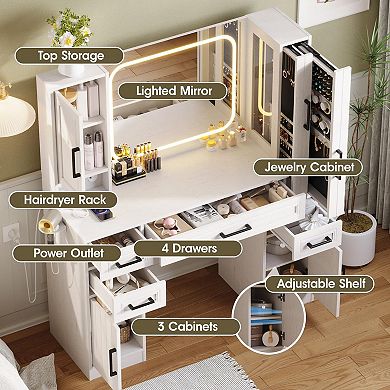 Makeup Vanity with Lighted Mirror & Power Strip, Large Vanity Desk with Sliding Jewelry Storage