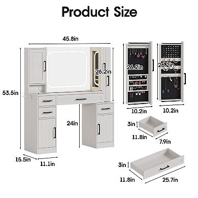 Makeup Vanity with Lighted Mirror & Power Strip, Large Vanity Desk with Sliding Jewelry Storage